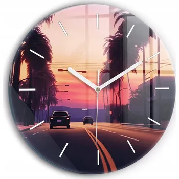 Hodiny Moderní skleněné nástěnné hodiny Západ slunce v LA kulatý o průměru 30 cm