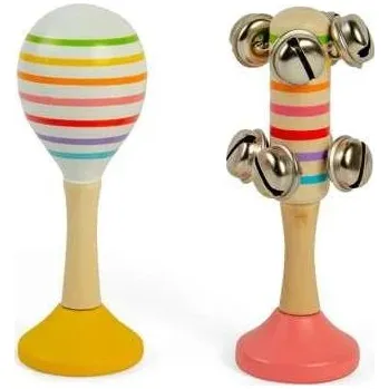 Hudební nástroj pro děti Bigjigs Toys Sada Rumba koule žlutá a rolničky růžové