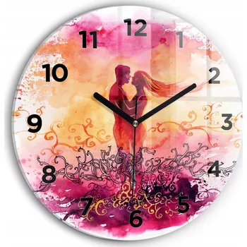 Hodiny Skleněné nástěnné hodiny se stylovým akvarelovým potiskem zamilovaný pár průměr 30 cm