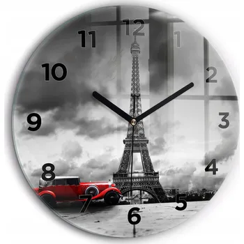 Hodiny Moderní skleněné nástěnné hodiny Eiffelova věž Paříž černé ručičky průměr 60 cm
