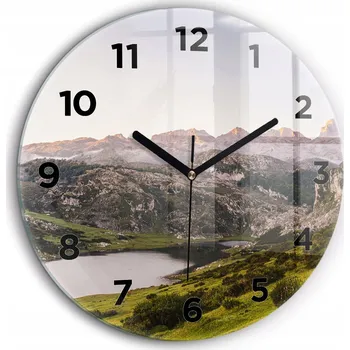 Hodiny Skleněné nástěnné hodiny se stylovým potiskem Jezero a Pyreneje, průměr 60 cm