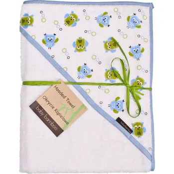 Bambusová osuška s kapucí 100x100 cm sovičky bílá/modrý lem