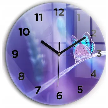 Hodiny Moderní skleněné nástěnné hodiny s potiskem Motýl na trávě, průměr 60 cm