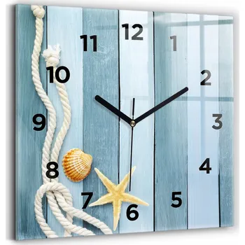 Hodiny Čtvercové skleněné nástěnné hodiny s grafikou prken, pruhů a mušle 30x30 cm