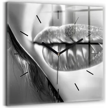 Hodiny Čtvercové Skleněné Nástěnné Hodiny do Obýváku s Grafikou Ženských Rtů 30x30 cm