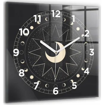Hodiny Čtvercové Skleněné Nástěnné Hodiny do Obýváku s Grafikou Fází Měsíce 60x60 cm