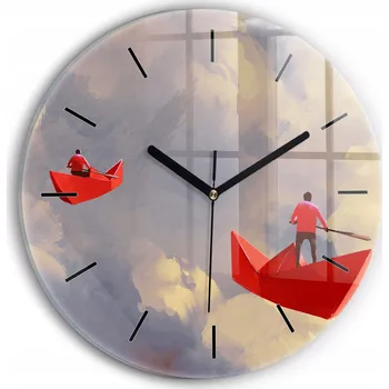 Hodiny Moderní skleněné nástěnné hodiny s grafikou Papírové lodě kulatý průměr 30 cm