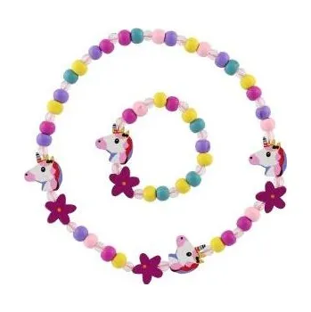 Náhrdelník Náhrdelník a náramek korálky jednorožec dřevo/plast 20cm