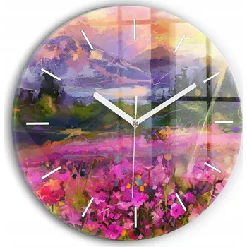 Hodiny Čtvercové Skleněné Nástěnné Hodiny do Obýváku Louka při západu slunce fi30 cm