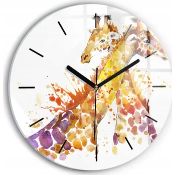 Hodiny Čtvercové Skleněné Hodiny Minimalistické Nástěnné Žirafa – akvarel průměr 30 cm