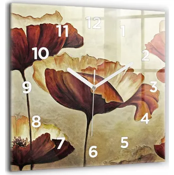 Hodiny Čtvercové Skleněné Nástěnné Hodiny do Kanceláře s Grafikou - Malované vlčí máky 60x60 cm