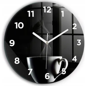 Hodiny Moderní skleněné nástěnné hodiny s s potiskem Šálek kávy, kulatý, průměr 30 cm