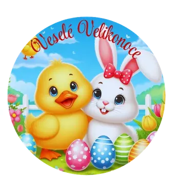 Velikonoční dekorace Samolepící etiketa velikonoční zajíc s kačenkou 3,5 cm
