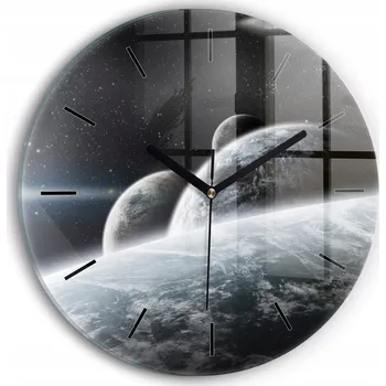 Hodiny Moderní skleněné hodiny s grafikou na zeď Kosmos a planety kulatý průměr 30 cm