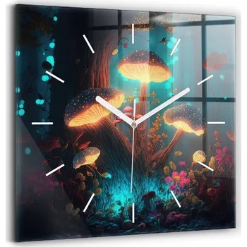 Hodiny Skleněné nástěnné hodiny Tiché ručičky Kuchyně Les a kouzelné houby 30x30