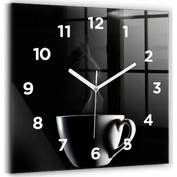 Hodiny Čtvercové skleněné nástěnné hodiny do kanceláře s motivem Šálek kávy 30x30 cm