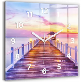 Hodiny Skleněné nástěnné hodiny do kanceláře se vzorem Most v přístavu večer 30x30 cm