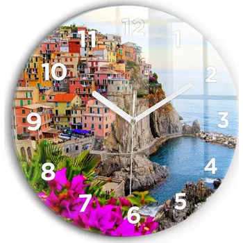 Hodiny Moderní skleněné nástěnné hodiny s potiskem Cinque Terre pobřeží průměr 30 cm