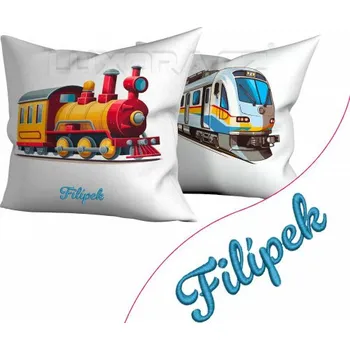 Dekorativní polštářek Oboustranný povlak Mašinka, vlak a výšivka Váš text - 40 x 40 cm