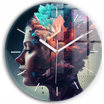 Hodiny Moderní skleněné nástěnné hodiny Abstrakce žena kulatý průměr 30 cm
