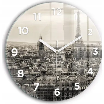 Hodiny Minimalistické Skleněné Nástěnné Hodiny s S Potiskem Panorama Paříže fi30 cm