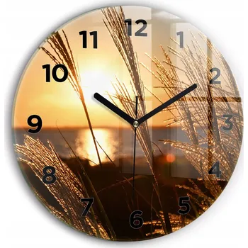 Hodiny Nástěnné čtvercové skleněné hodiny s grafikou Pšenice ve zlatém slunci fi30 cm