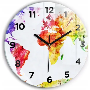 Hodiny Nástěnné čtvercové skleněné hodiny s S Potiskem - Akvarelová mapa světa, průměr 30 cm
