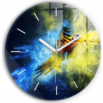 Hodiny Moderní skleněné nástěnné hodiny s grafikou Barevný papoušek kulatý průměr 30 cm