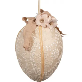 Velikonoční dekorace Béžové závěsné vajíčko s výšivkou a mašlí Fancy - Ø 20*28 cm