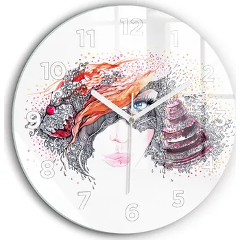 Hodiny Skleněné foto hodiny na zeď Sladká žena s dortem bílé ručičky průměr 60 cm