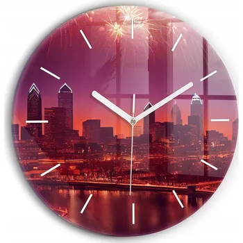 Hodiny Nástěnné Kulatý Skleněné Hodiny s Grafikou Město v noci ve Philadelphii průměr 30 cm