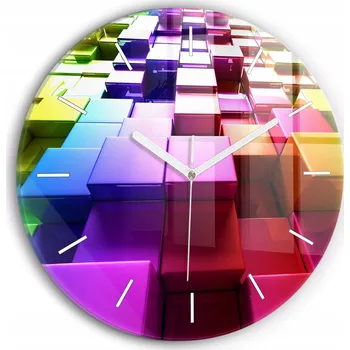 Hodiny Moderní skleněné hodiny s grafikou na zeď Barevné kostky kulatý průměr 30 cm