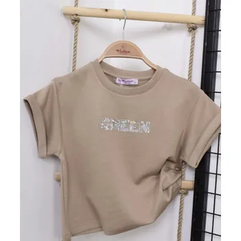 Dívčí oblečení made in Italy dívčí módní krátké triko 25025 barva: béžová, Rozměr: 128 (8 let)