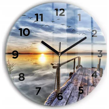 Hodiny Moderní skleněné foto hodiny na zeď Jezero Západ Slunce kulatý průměr 30 cm