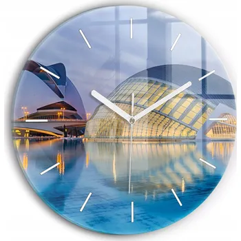 Hodiny Moderní skleněné nástěnné hodiny s potiskem Město západ slunce průměr 30 cm