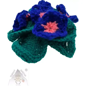 Velikonoční dekorace Dubový skřítek Háčkovaná primulka v hrníčku tmavě modrá