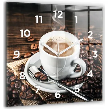 Hodiny Čtvercové Skleněné Nástěnné Hodiny s Motivem Šálek a kávová zrna 60x60 cm