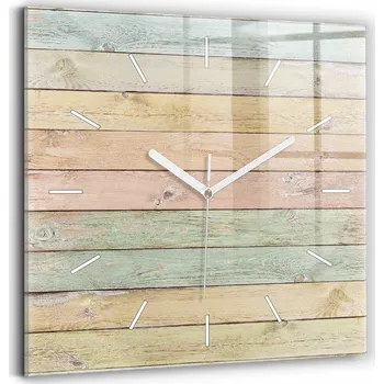 Hodiny Čtvercové Skleněné Nástěnné Hodiny do Kanceláře s Motivem Barevných Prken 30x30 cm