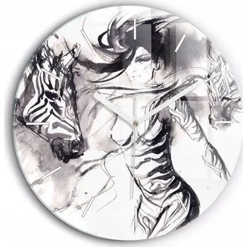 Hodiny Čtvercové Skleněné Nástěnné Hodiny do Kanceláře s Grafikou Žena a Zebry fi60 cm