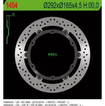 Brzda pro motocykl NG přední brzdový kotouč YAMAHA YZF 125R ABS '14-'20, MT 125 ABS '15-'20 plovoucí (292X165X4,5MM) (6X8,5MM)