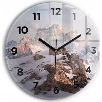Hodiny Moderní skleněné foto hodiny na zeď Zasněžená hora kulatý průměr 30 cm