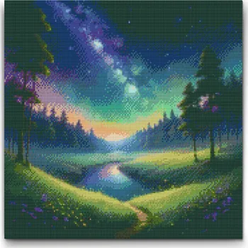 Diamantové malování Diamantové malování - Živá noční krajina Velikost: 50x50cm, Rámování: Pouze srolované plátno, Diamanty: Kulaté