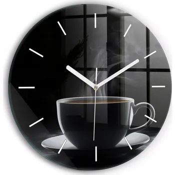 Hodiny Moderní skleněné nástěnné hodiny s potiskem Šálek černé kávy průměr 30 cm