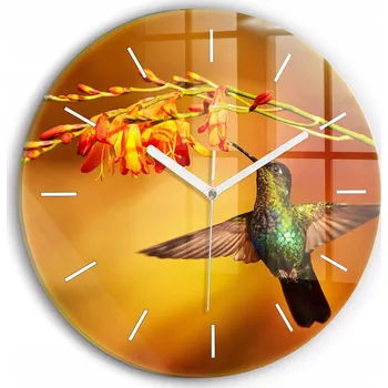 Hodiny Moderní skleněné foto hodiny na zeď tichý mechanismus Kolibřík pták průměr 30 cm