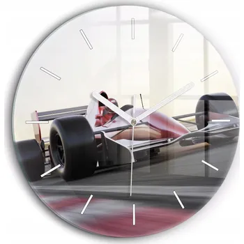 Hodiny Skleněné nástěnné hodiny do obýváku se sportovním motivem formule závodního auta, průměr 60 cm