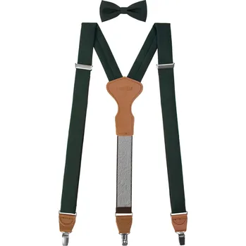 Kšandy Avantgard Set Látkové šle Y s koženým středem a zapínáním na klipy - 35 mm, motýlek a kapesníček, 881-986069, Zelená, koňaková kůže