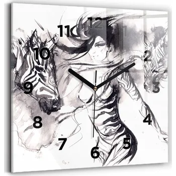 Hodiny Skleněné nástěnné hodiny s tichým chodem - Žena a zebry 30x30 cm