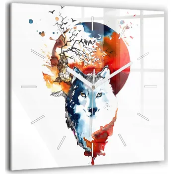 Hodiny Čtvercové Skleněné Nástěnné Hodiny do Kanceláře s Motivem Vlka a Úplňku 60x60 cm