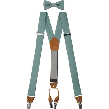 Kšandy Avantgard Set Látkové šle Y s koženým středem a zapínáním na klipy - 35 mm, motýlek a kapesníček, 886-986169, Eukalyptová, koňaková kůže