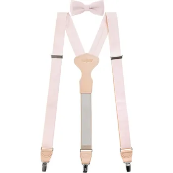 Kšandy Avantgard Set Látkové šle Y s koženým středem a zapínáním na klipy - 35 mm, motýlek a kapesníček, 881-983112, Pudrová, béžová kůže